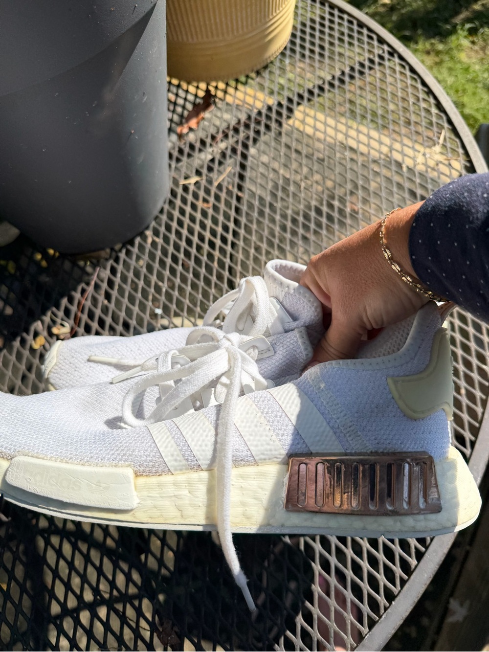 adidas Women’s Rare White Knit Sneakers with Metallic Bronze Accent